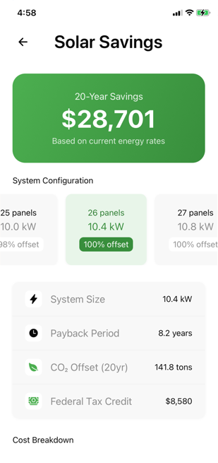The Solar Savings calculator screen from the Connect app