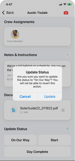 Connect crew job screen with status controls