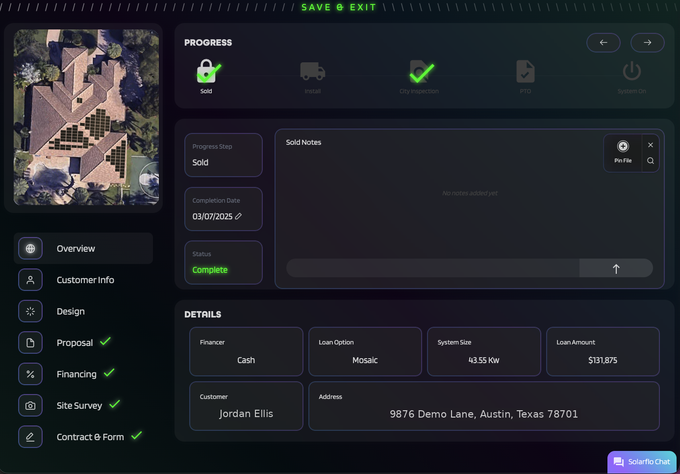 The Solarflo project detail screen with progress tracker